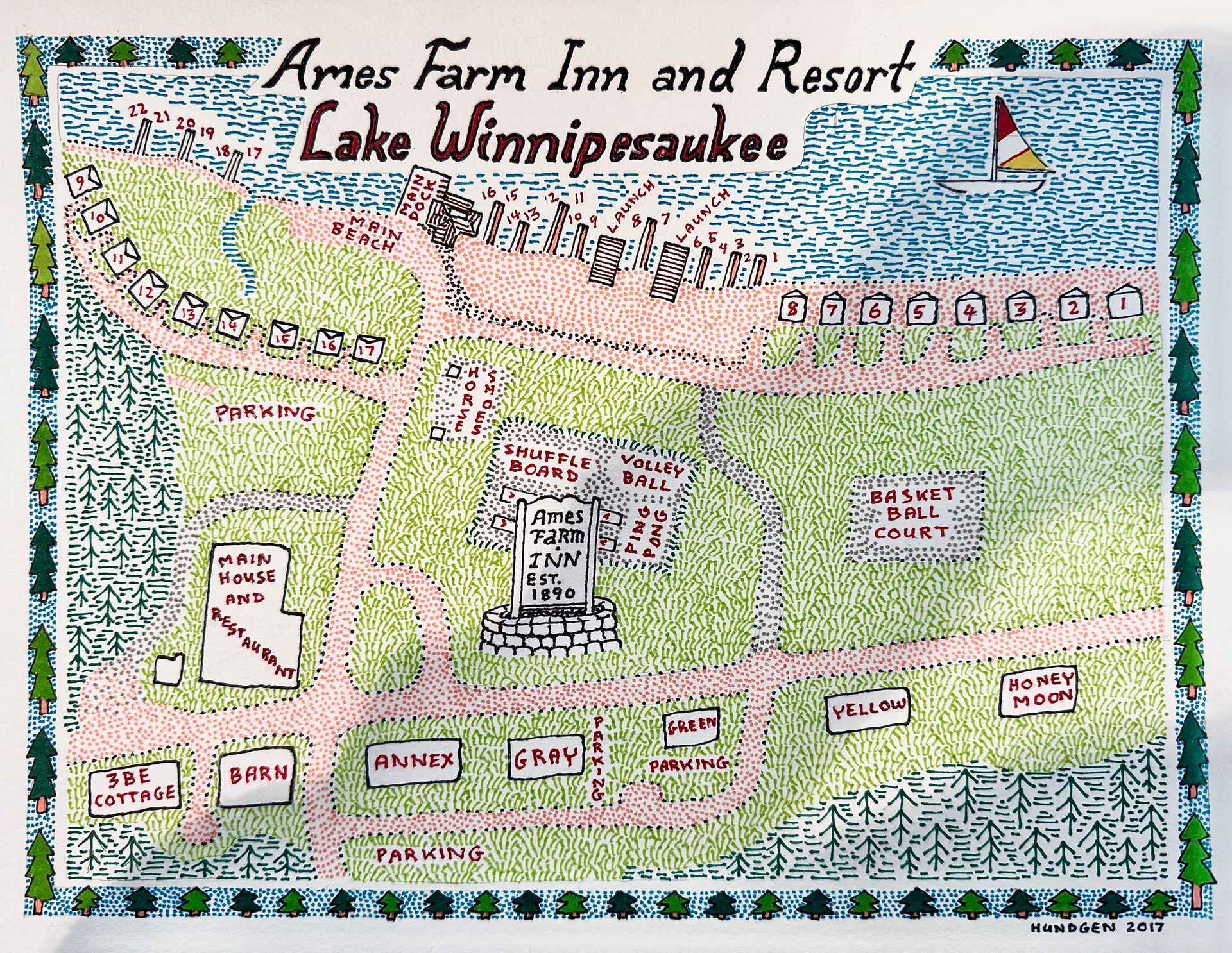 A hand-drawn map of Ames Farm Inn and Resort on Lake Winnipesaukee, showing cabins, a main building, and surrounding grounds.