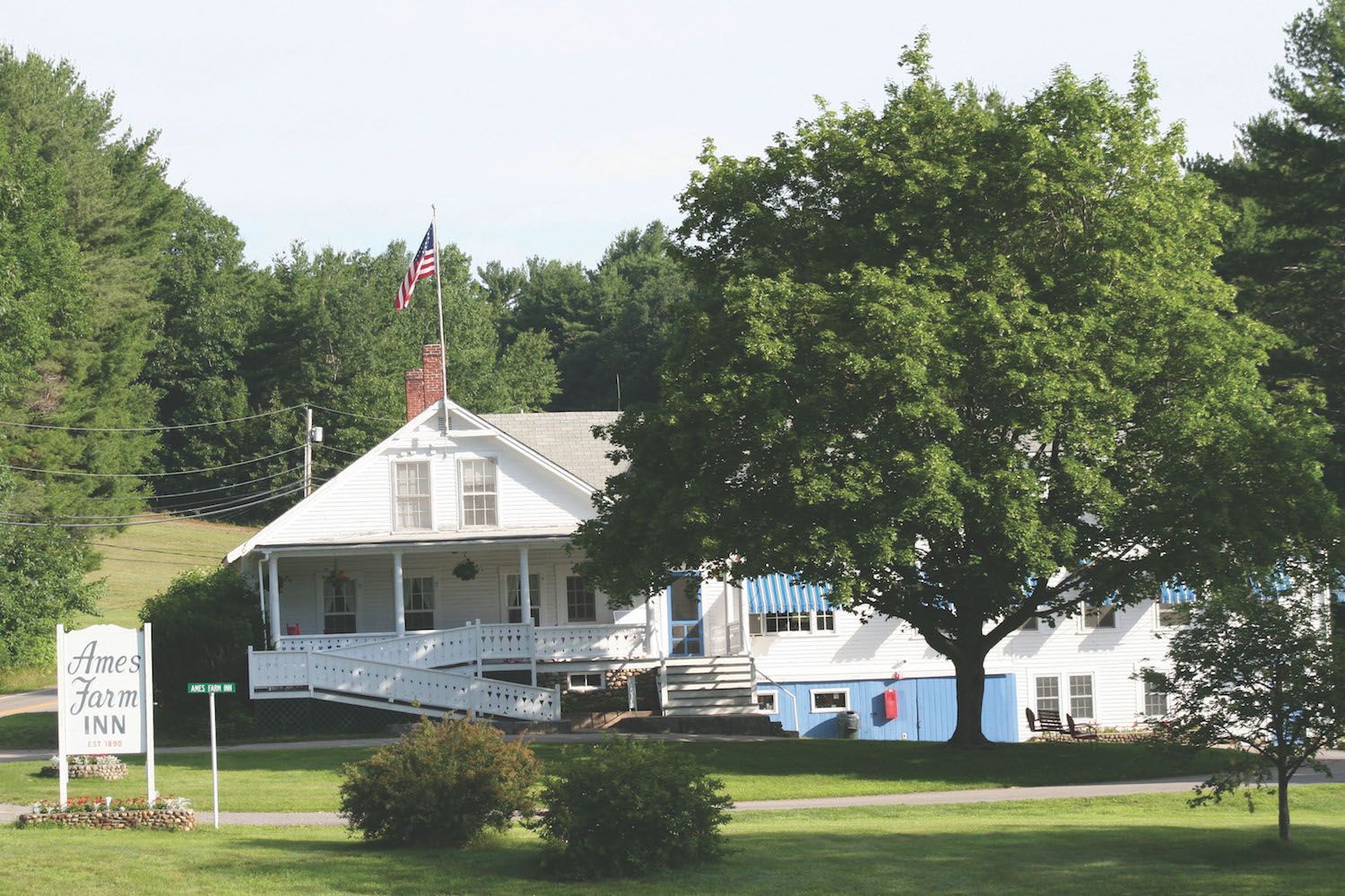 A white farmhouse-style building with a porch and American flag, set on a green lawn with a small sign and large tree.