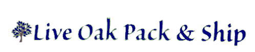 A blue and white logo for live oak pack and ship