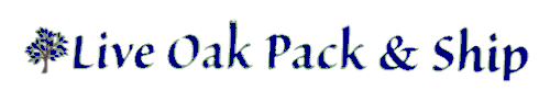 A logo for live oak pack and ship with a tree on it