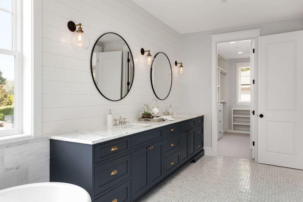 A Navy Double Vanity Bathroom With Splashback — Local Glassmaster in Sanctuary Point, NSW