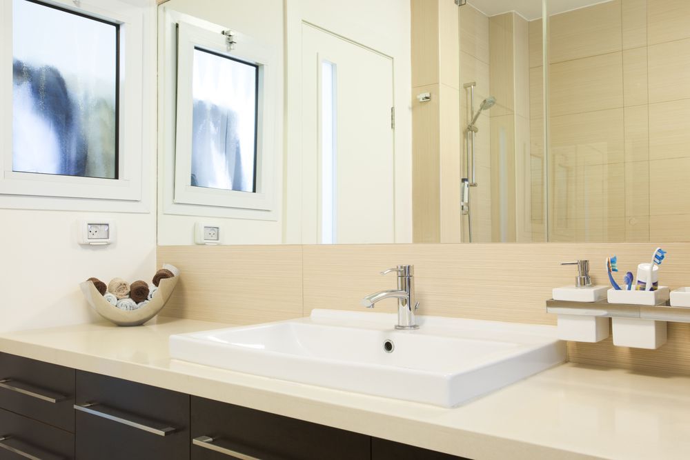 Bathroom With a White Sink and Large Mirror — Local Glassmaster in Huskisson, NSW