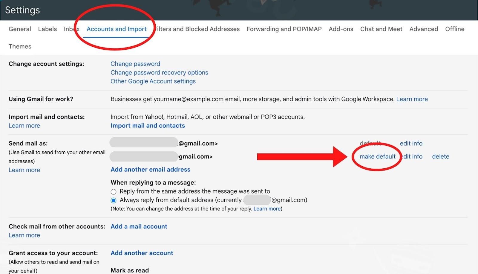 accounts and import and click make a default