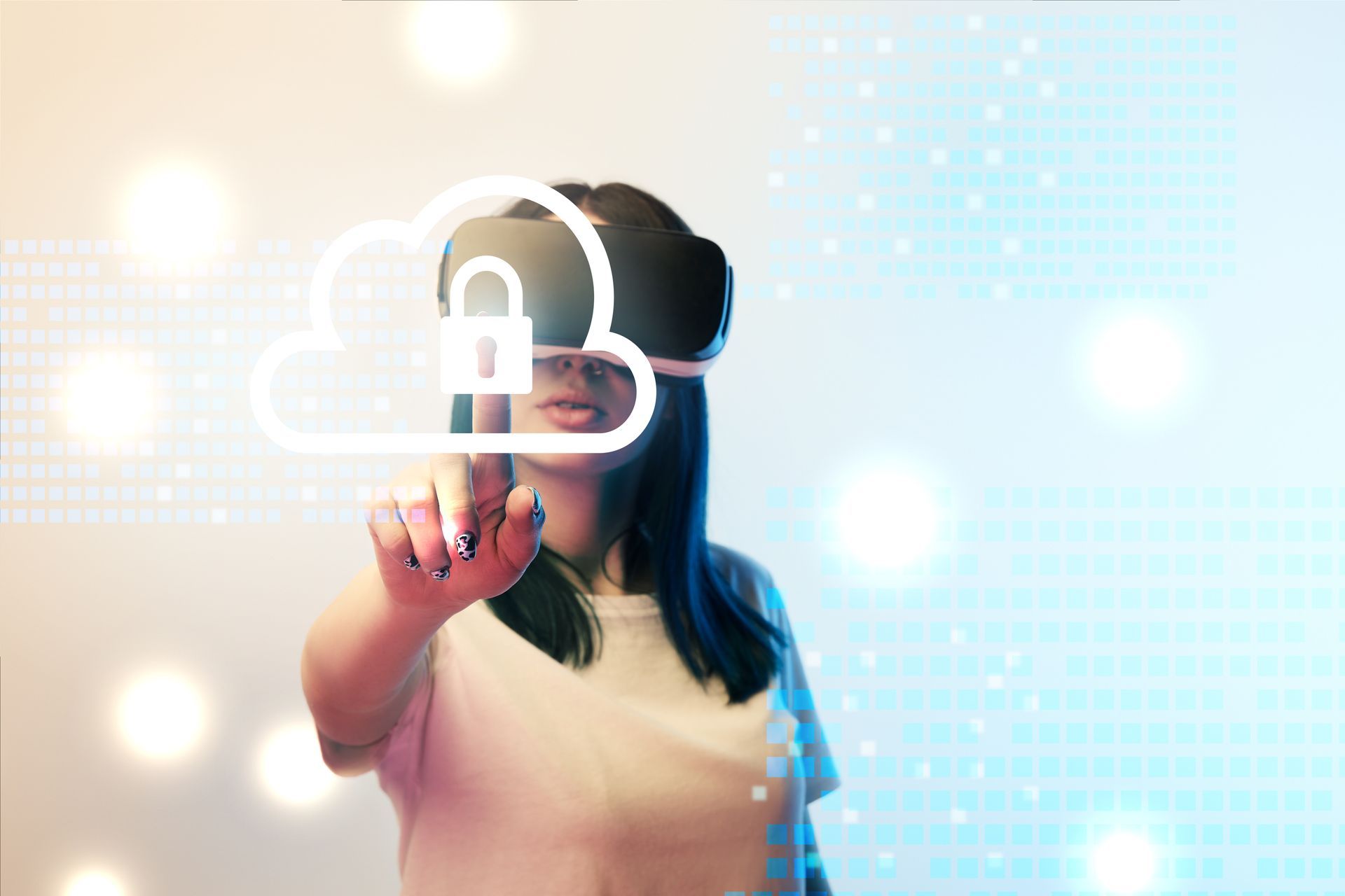 young woman in virtual reality headset pointing with finger at internet security illustration on