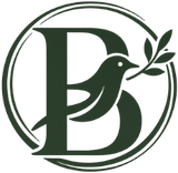 A dark green circular logo featuring a stylized letter "B" integrated with a bird holding an olive branch.