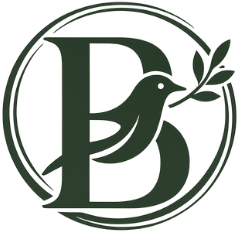 A dark green circular logo featuring a stylized letter "B" integrated with a bird holding an olive branch.