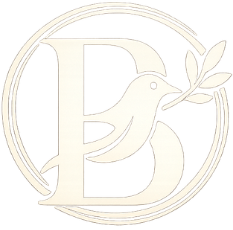 A beige, circular logo featuring a stylized letter "B" integrated with a bird holding an olive branch.
