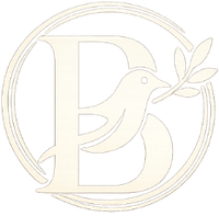 A beige, circular logo featuring a stylized letter "B" integrated with a bird holding an olive branch.