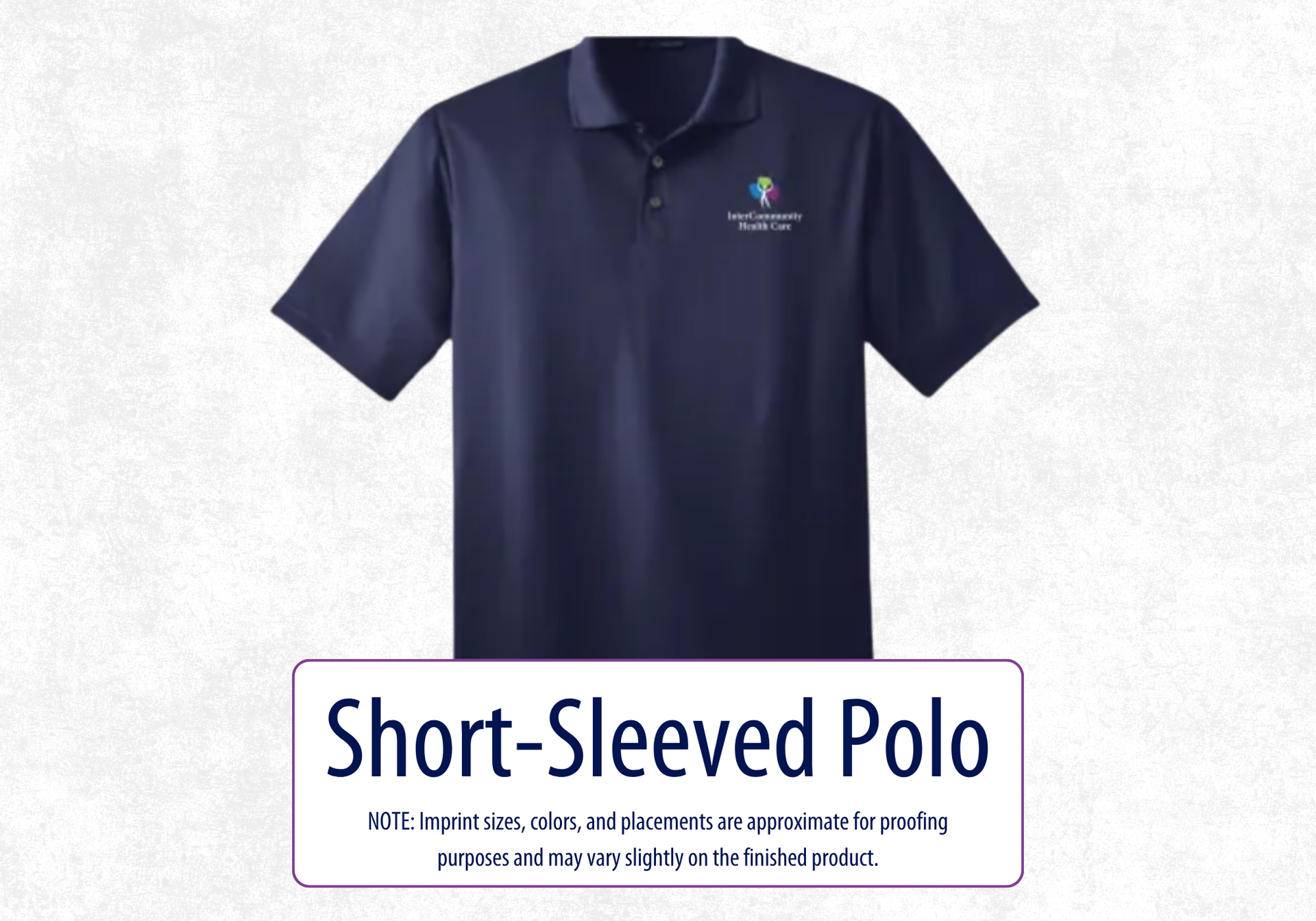 Photo of navy short sleeved polo shirt with the InterCommunity logo on left chest.