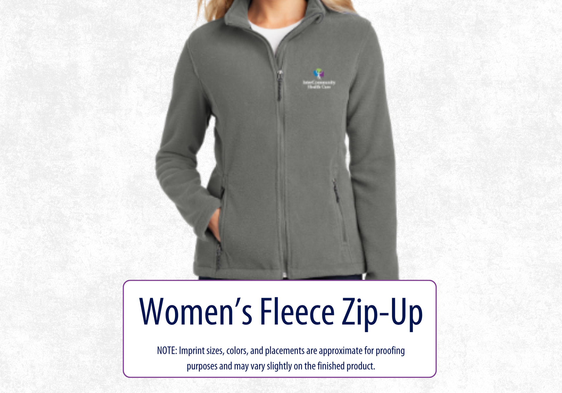 Photo of woman in gray fleece zip up jacket with the InterCommunity logo on left chest.