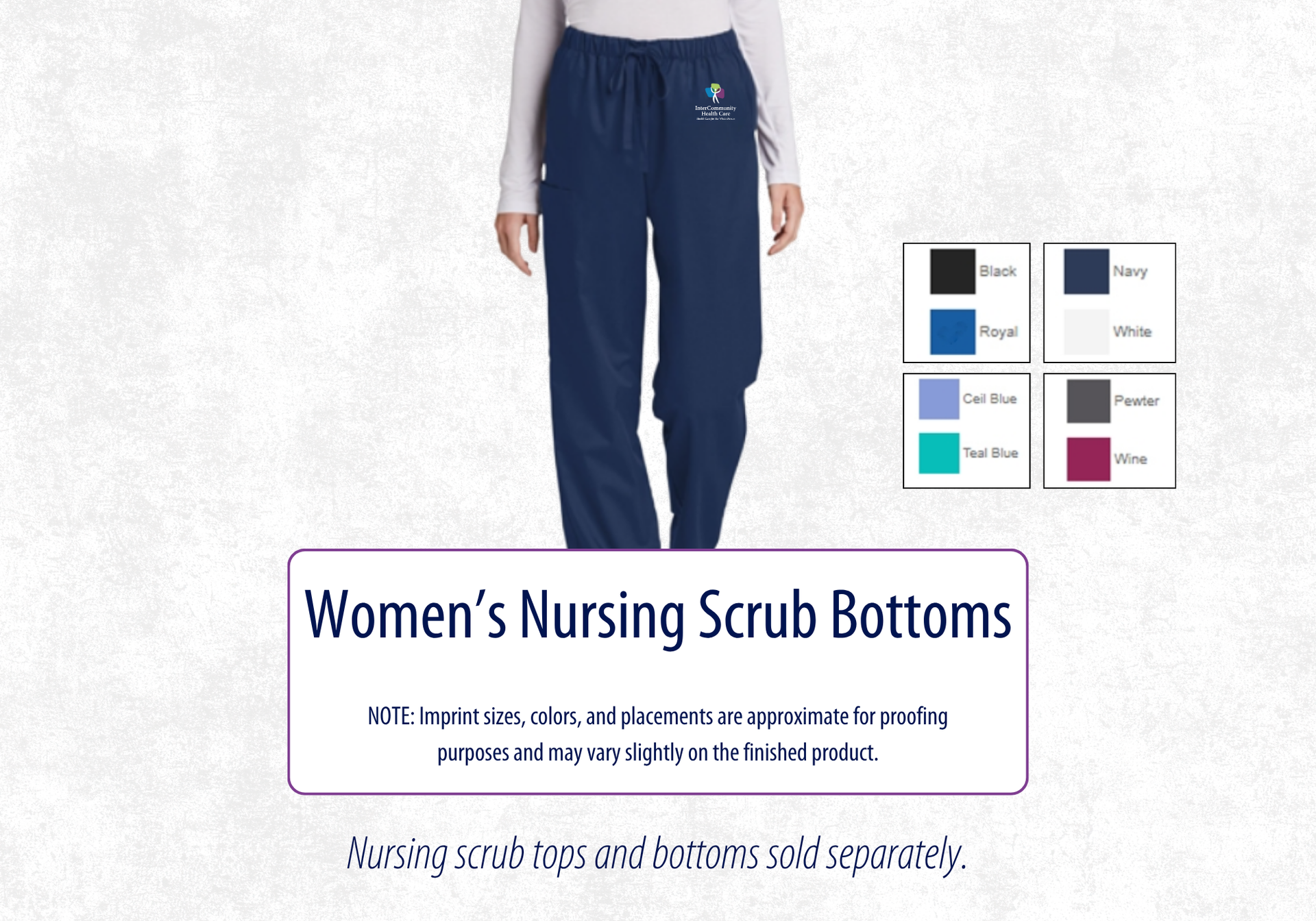 Photo of woman in navy nursing scrub pants with the InterCommunity logo on left hip. Also pictured are color option swatches.