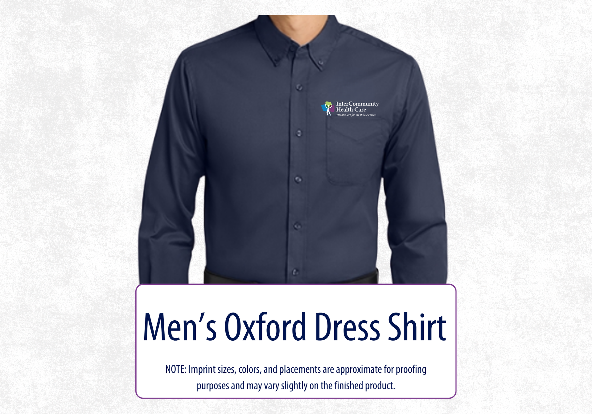 Photo of man in a navy long sleeved dress shirt with the InterCommunity logo on left chest.