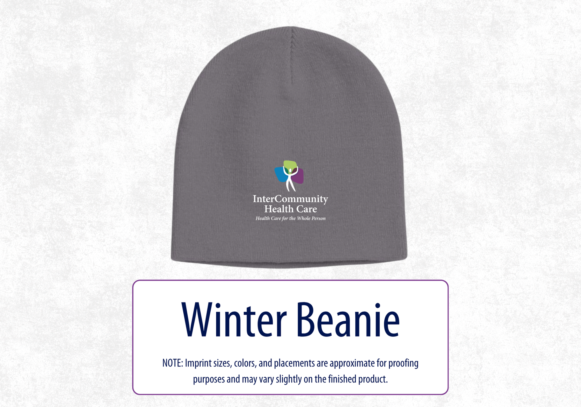 Photo of a gray winter beanie hat with the InterCommunity logo on the front.