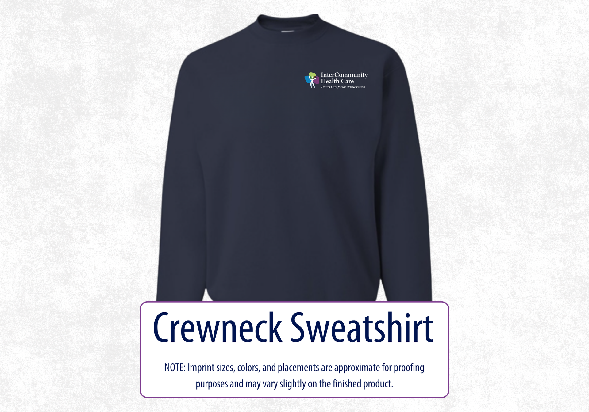 Photo of navy crewneck sweatshirt with the InterCommunity logo on left chest.