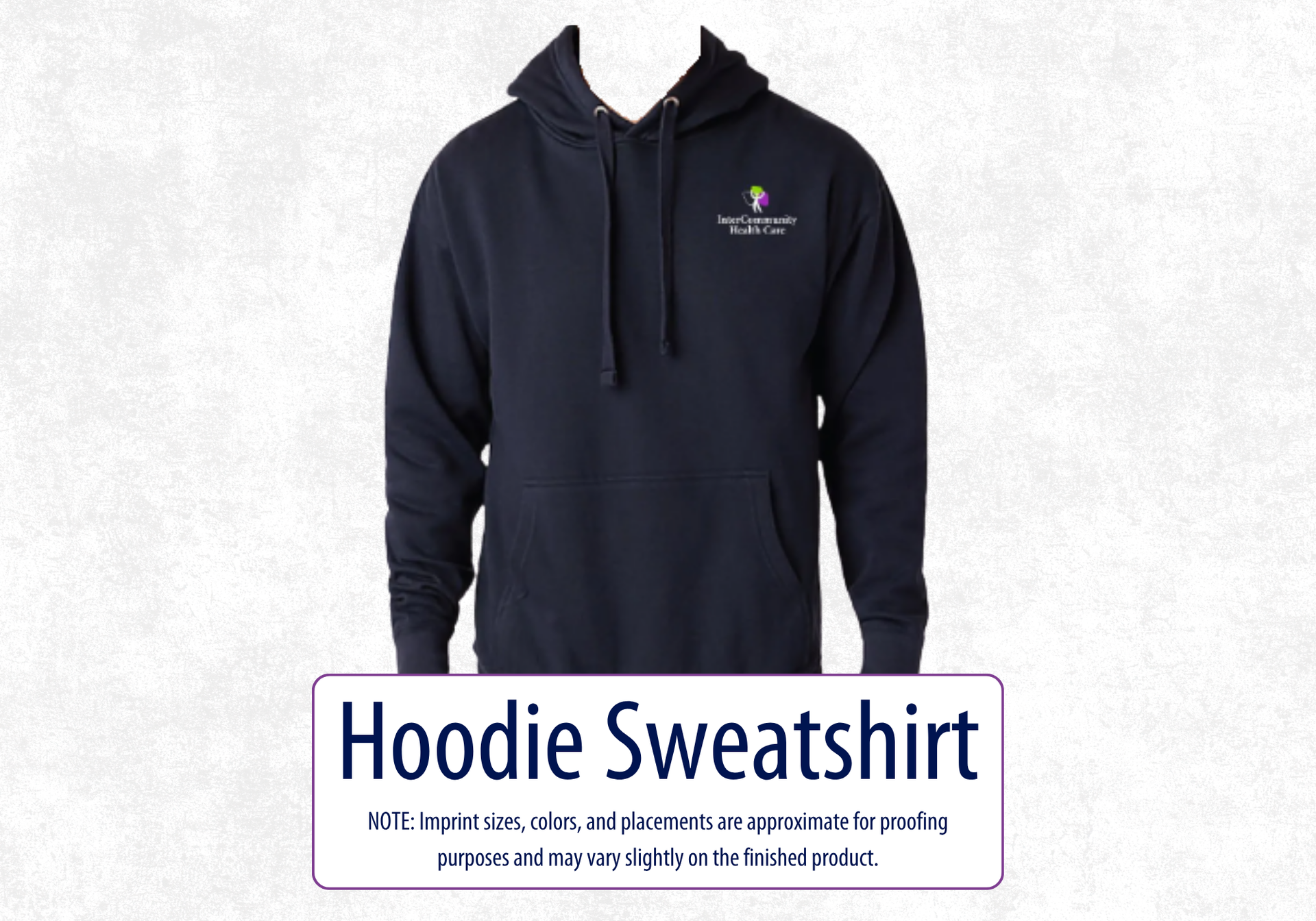 Photo of navy hooded sweatshirt with the InterCommunity logo on left chest.