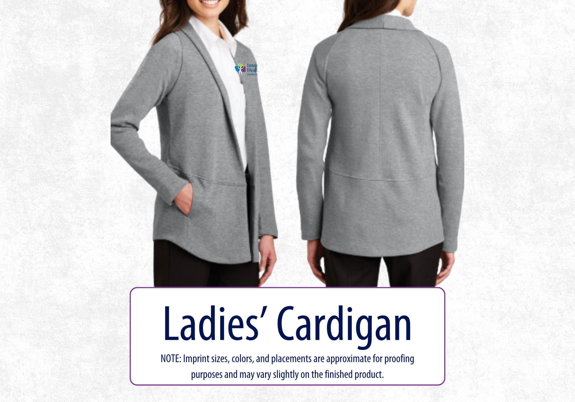 Photo of woman in gray long sleeved cardigan with the InterCommunity logo on left chest.