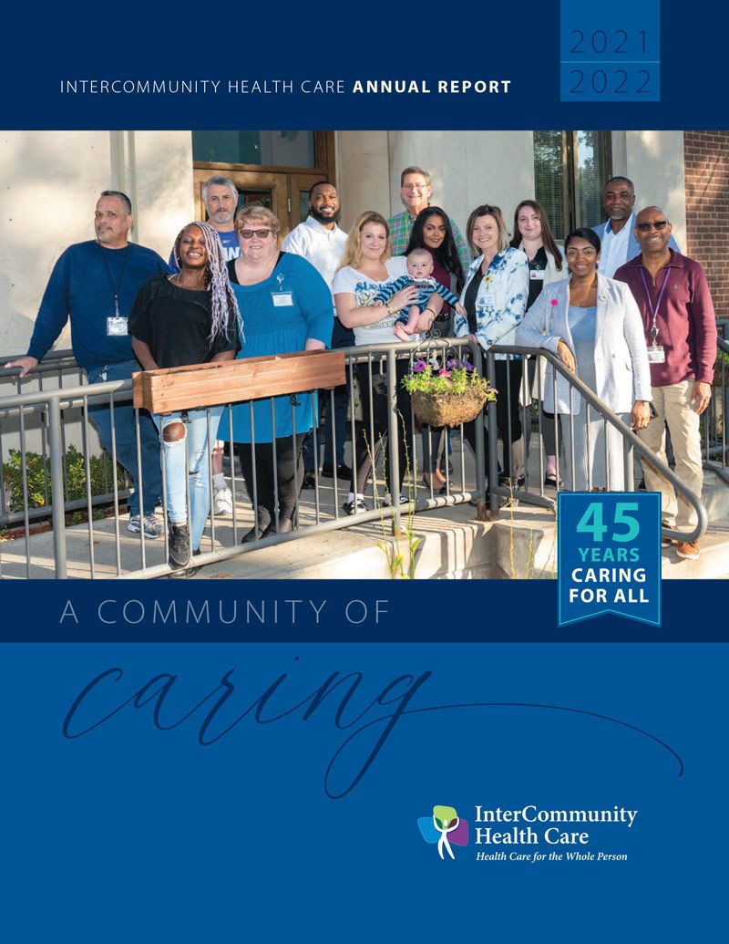 Cover of the InterCommunity Health Care 2021-2022 annual report featuring a group standing outside a building.