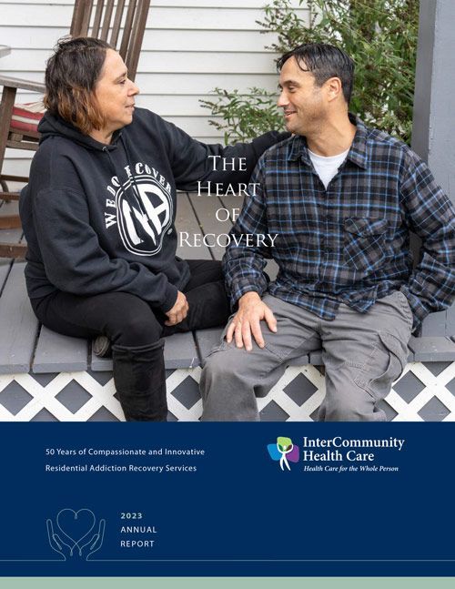 A woman and a man sit on a porch looking at each other, as the cover for the 2023 InterCommunity Health Care annual report.
