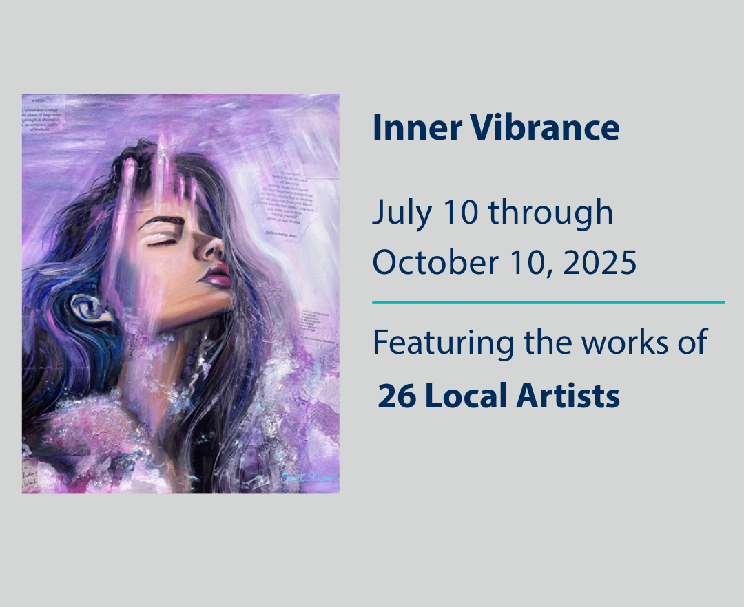 Exhibition poster titled "Inner Vibrance" featuring an abstract, purple-hued painting of a woman, running July-Oct 2025.