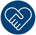 Icon of two hands coming together to form a heart shape within a navy blue circle.