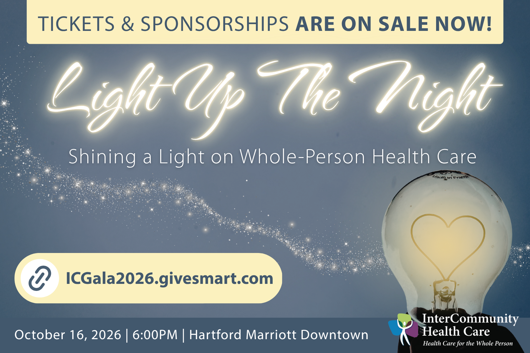 2026 Light Up the Night Gala graphic that lists event information and shows a lightbulb with a heart
