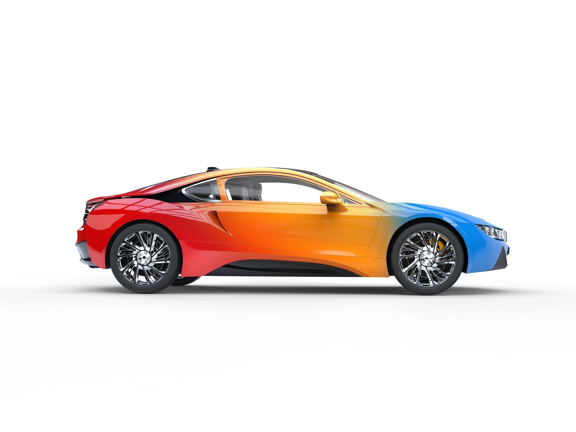 Auto sportiva con verniciatura sfumata di rosso, arancione, giallo e blu su sfondo bianco.