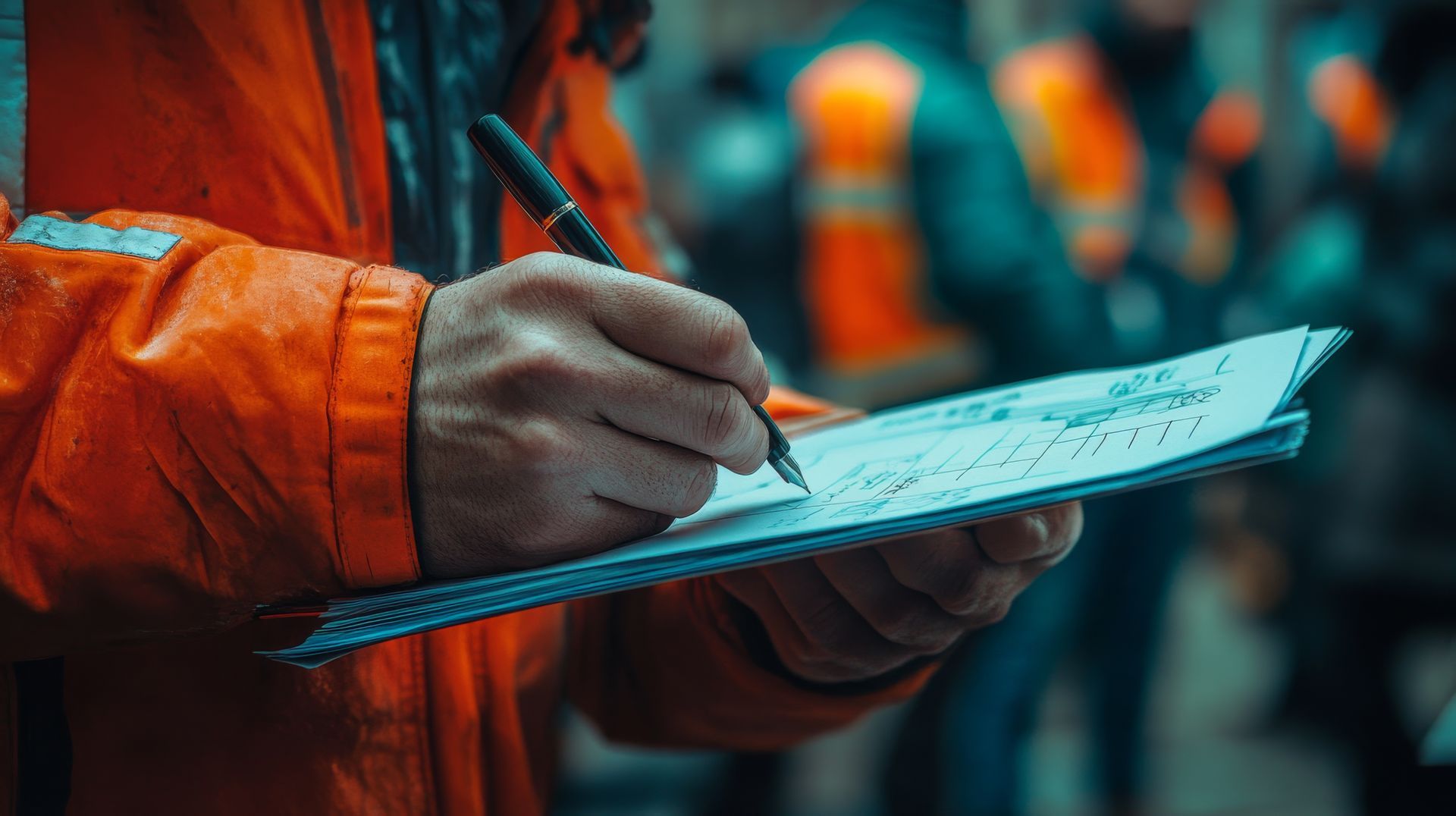Une personne en veste orange écrit sur un bloc-notes avec un stylo ; d'autres personnes sont visibles en arrière-plan.