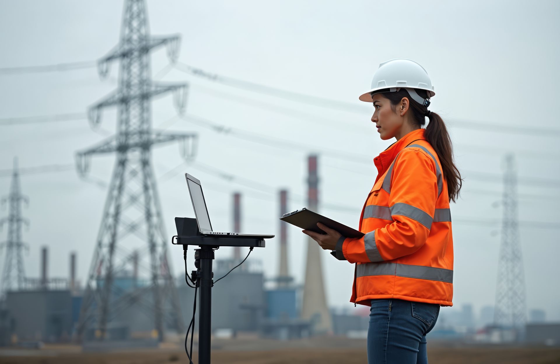 Femme portant un équipement de sécurité utilisant un ordinateur portable et une tablette à proximité de lignes électriques.