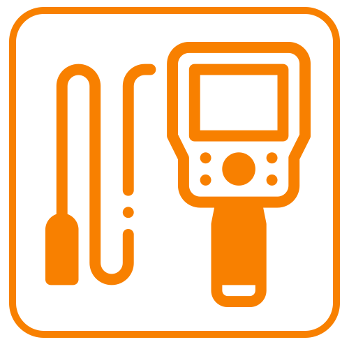 Ein orangefarbenes Symbol einer Kamera mit einem daran angeschlossenen Kabel.