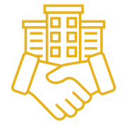 An icon of a handshake with a building in the background.