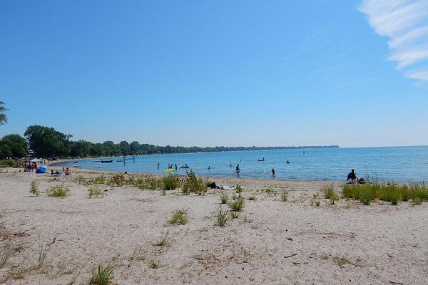 A beach with people playing in the water on a sunny day.