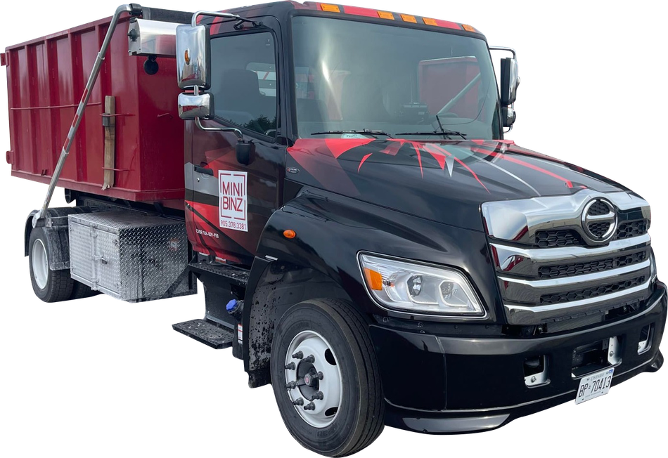 A dump truck with a red dumpster attached to it.