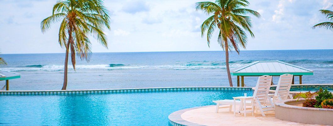 Tropical infinity pool overlooking the ocean with palm trees and lounge chairs.