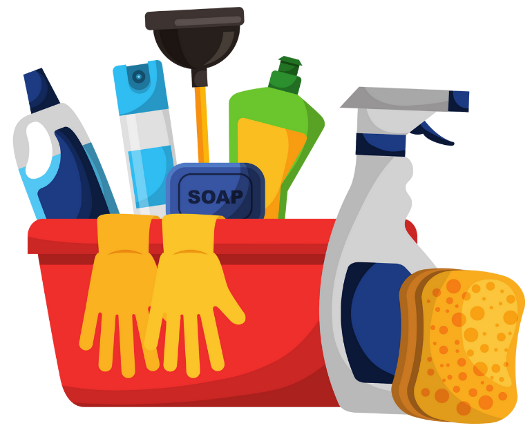 Red cleaning caddy filled with supplies: spray bottle, plunger, soap, gloves, sponge, and bottles.