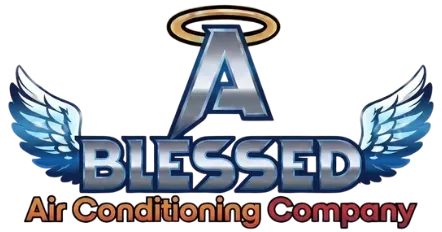 Logo for Blessed Air Conditioning Company with blue wings and a halo over the letter A