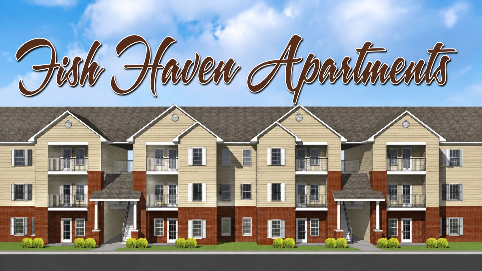 Fall Haven Apartments sign above a tan and red apartment complex with balconies and brick columns