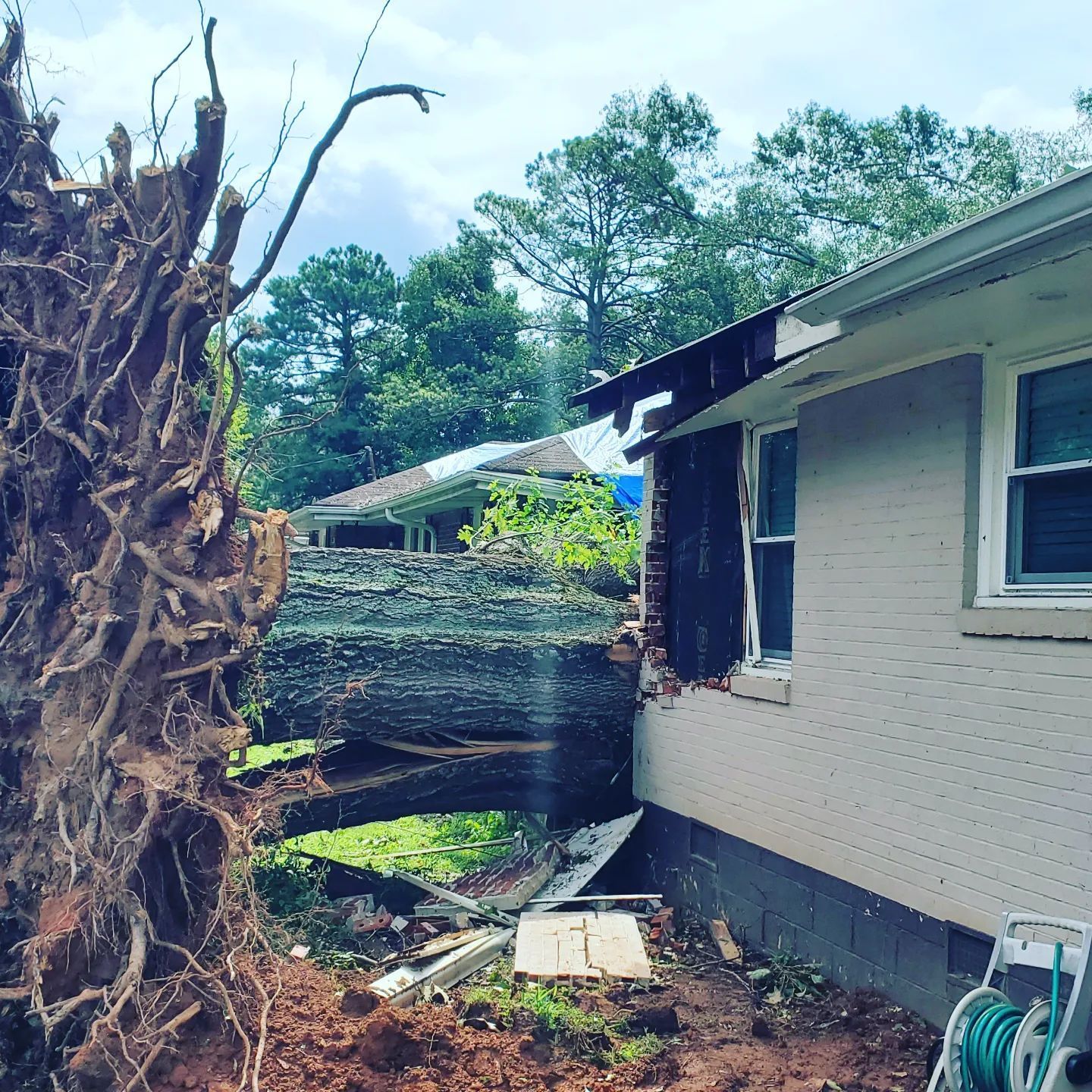 A house with a tree stump in front of it.