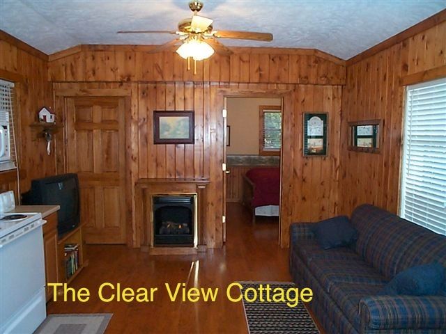 Cozy living room with wood paneling, fireplace, couch, and doorway to bedroom. 