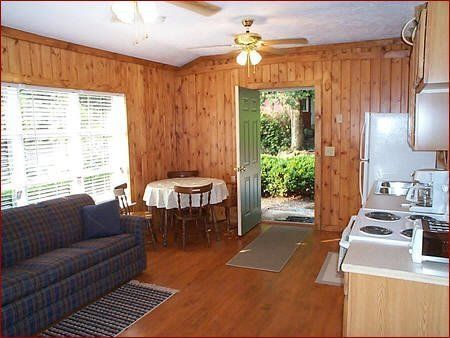 Small cabin interior with wood paneling, kitchen, living area with a couch and table, and open door.