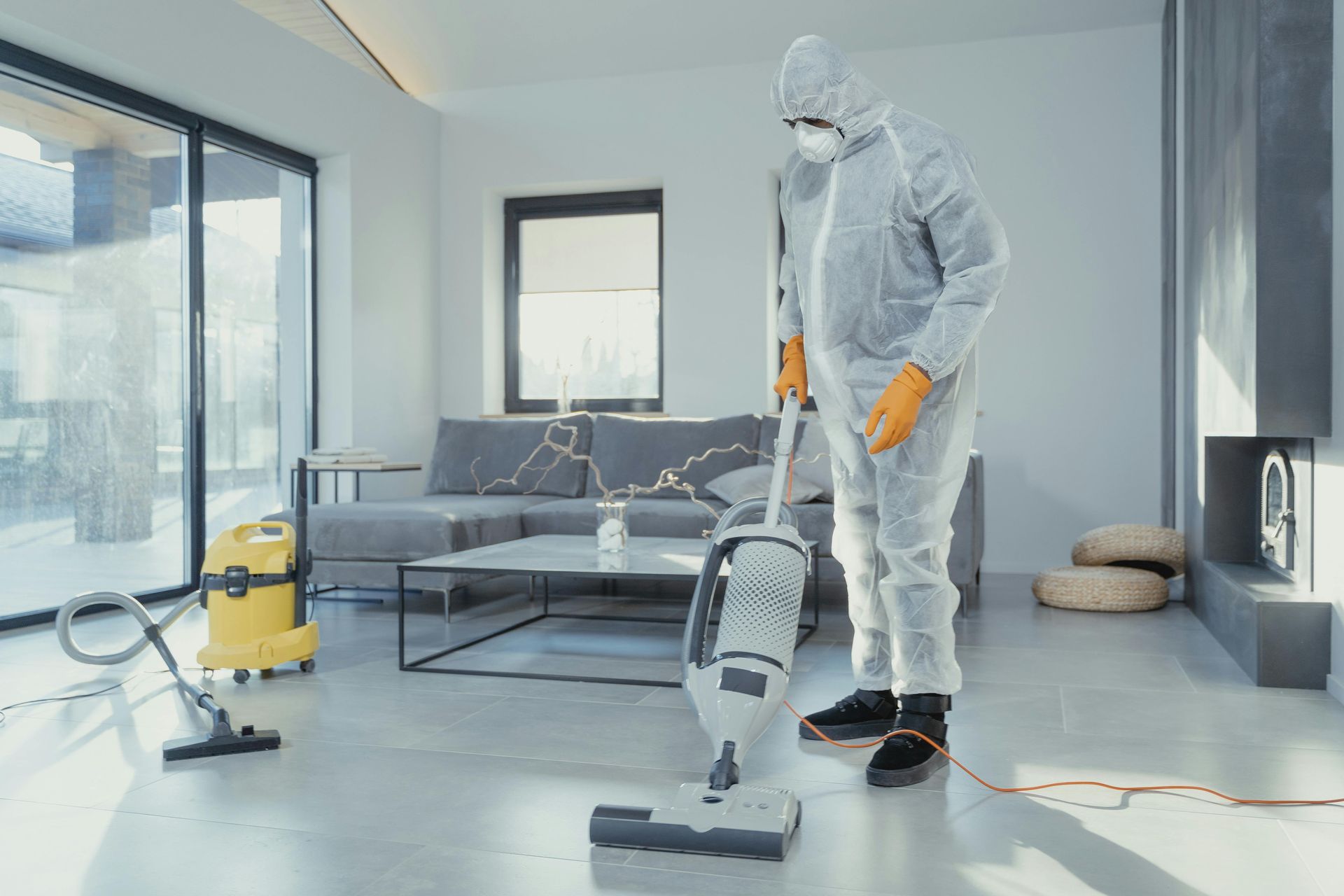 Person in hazmat suit vacuums a bright, modern living room.