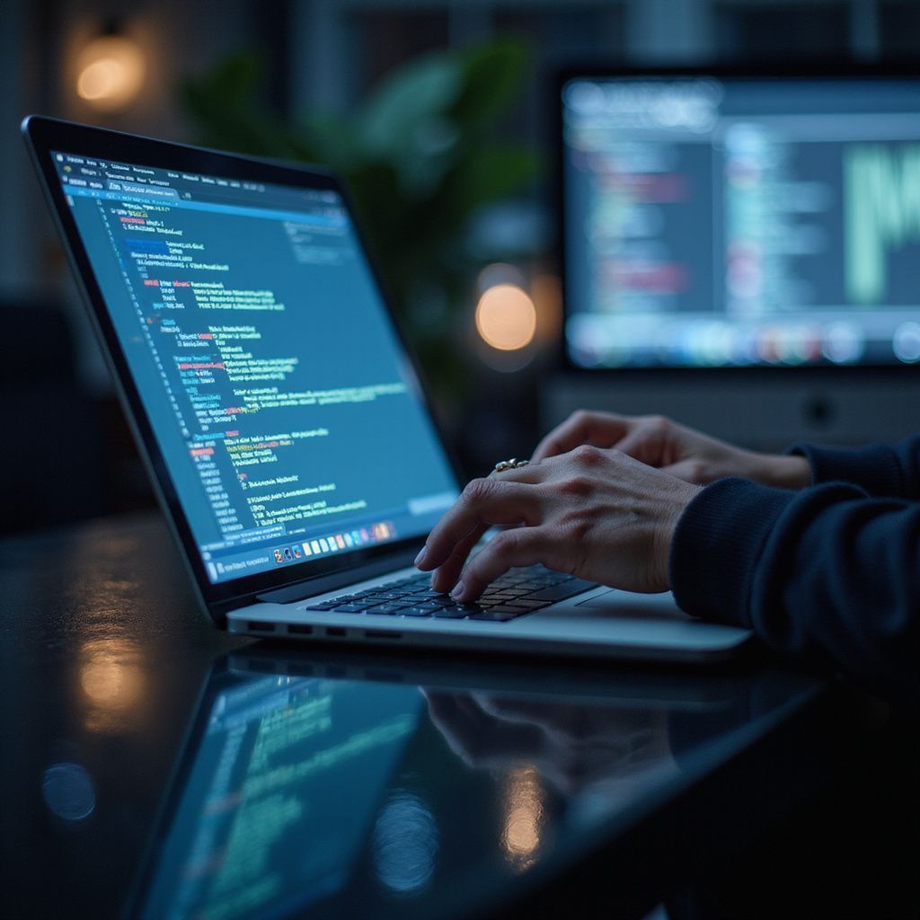 Person typing on a laptop with coding visible; another monitor shows more code.