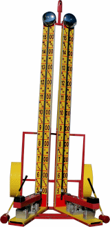 A red and yellow mechanical device with numbers on it