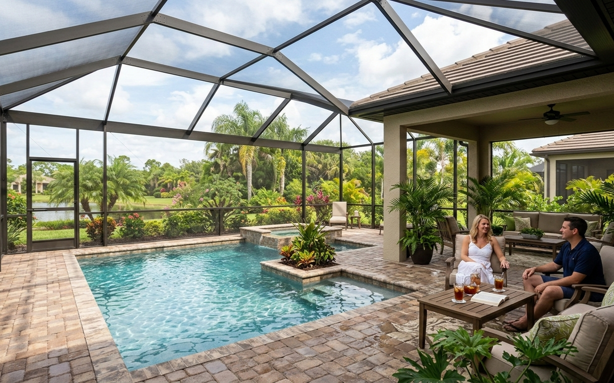 A couple relaxes on a patio with a swimming pool and a hot tub, enclosed by a large screened-in lanai.