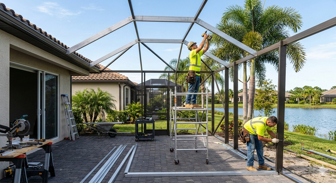 Two workers in neon safety vests construct an aluminum screen enclosure on a paved patio beside a lake.