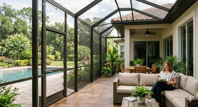 A woman sits on an outdoor sofa in a screen-enclosed pool patio overlooking a garden.
