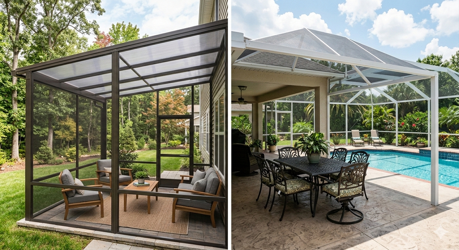 A side-by-side comparison of two outdoor patio enclosures: a small dark-framed screen room and a large white pool cage.