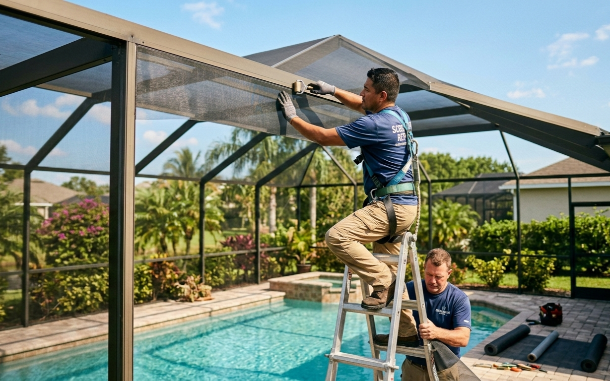 Two workers in blue uniforms repair the screen of a pool enclosure on a sunny day.