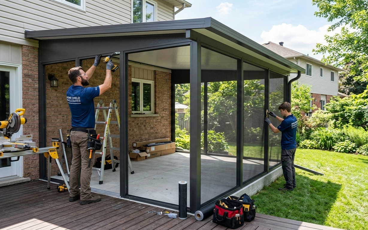 Two workers in blue uniforms install a dark metal screen enclosure on a brick house patio.