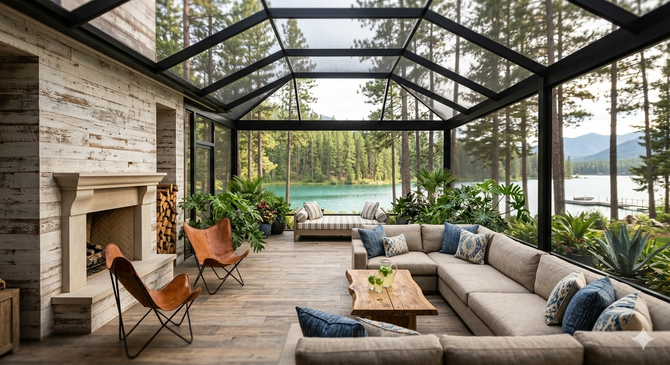 A sunroom with a fireplace, comfortable seating, and glass walls overlooking a lake surrounded by pine trees.