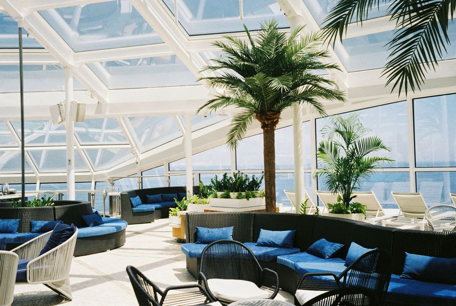 A sunny solarium on a cruise ship featuring wicker lounge seating with blue cushions, potted palms, and glass ceilings.